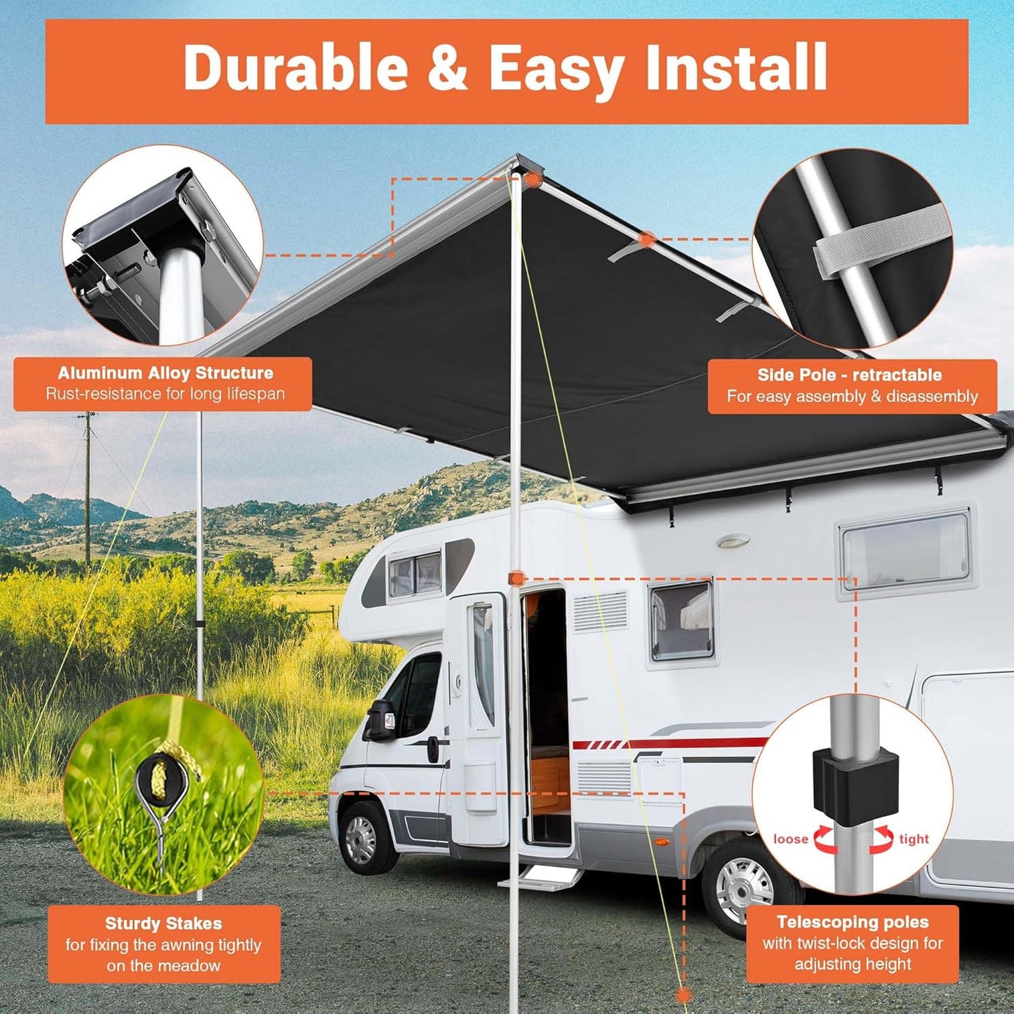 Vehicle Awning 6.6X8.4' Retractable Car Side Roof Rack Overlanding Shade for SUV Truck Tailgate Outdoor Camping Travel Gray
