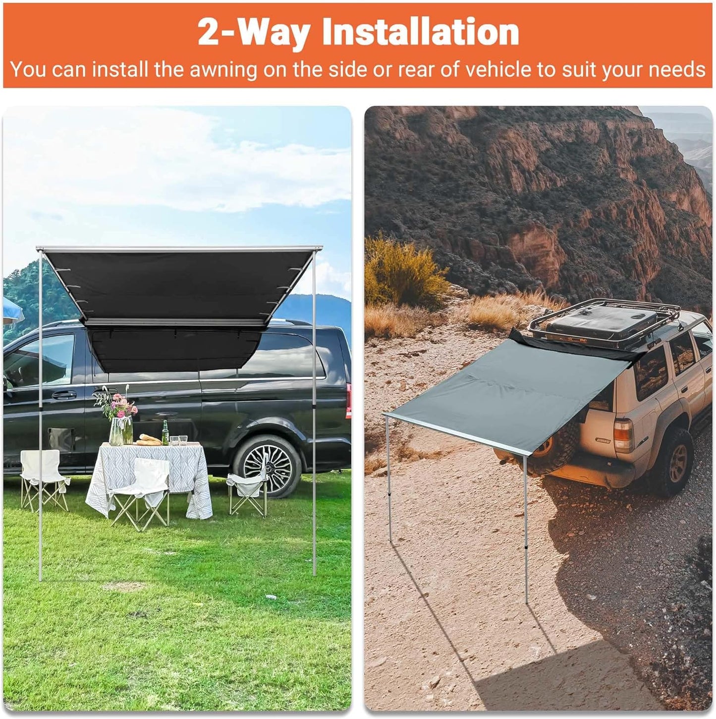Vehicle Awning 6.6X8.4' Retractable Car Side Roof Rack Overlanding Shade for SUV Truck Tailgate Outdoor Camping Travel Gray