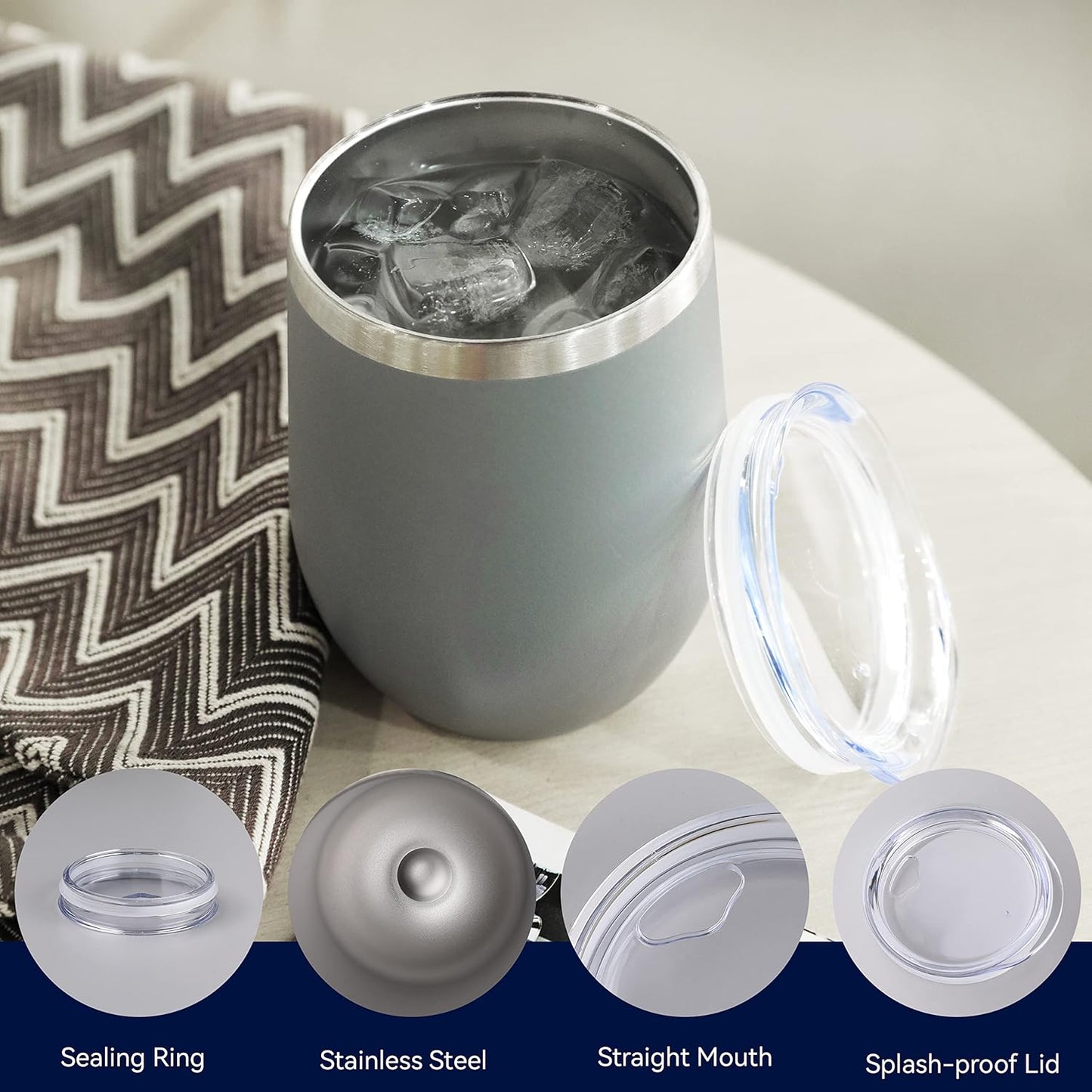 Stainless Steel Wine Tumbler Bulk with Lid, Personalized Insulated Tumblers Set, 12Oz Travel Coffee Cups Pack of 1, Gray