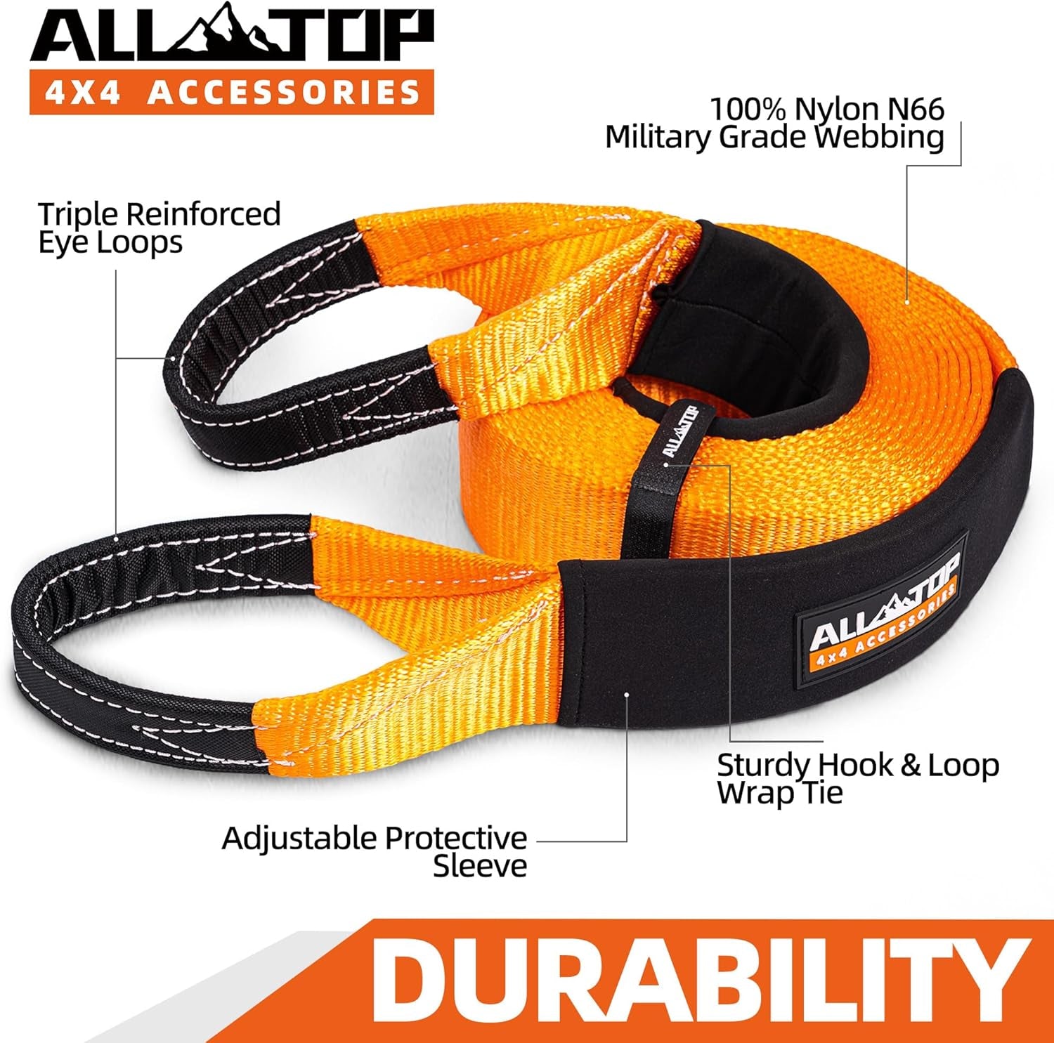 Recovery Snatch Strap, 4In X 30Ft - 46500Lbs, Extreme Duty 100% Nylon Kinetic Towing Recovery Strap with 22% Elongation & Reinforced Loops