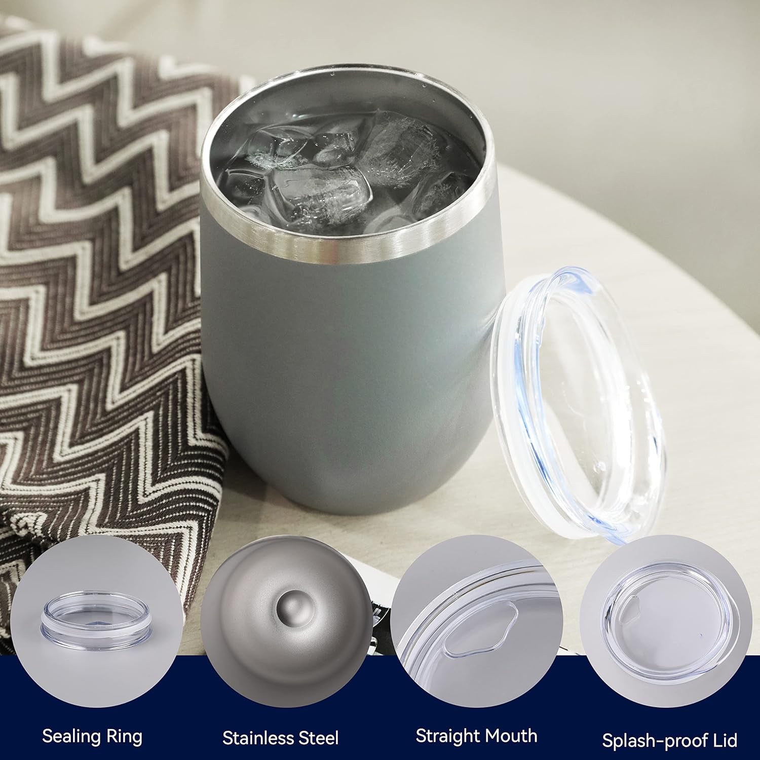 Stainless Steel Wine Tumbler Bulk with Lid, Personalized Insulated Tumblers Set, 12Oz Travel Coffee Cups Pack of 1, Gray