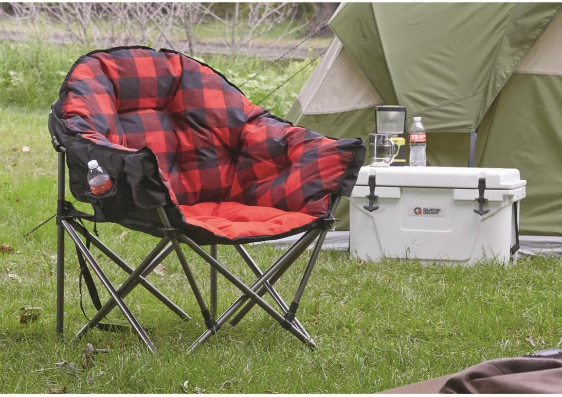Club Camping Chair, Oversized, Portable, Folding with Padded Seats, 500-Lb. Capacity Red Plaid