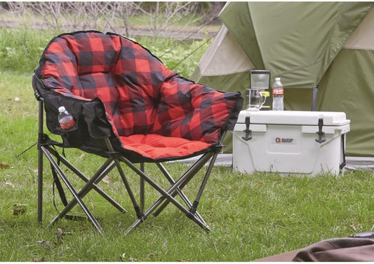 Club Camping Chair, Oversized, Portable, Folding with Padded Seats, 500-Lb. Capacity Red Plaid