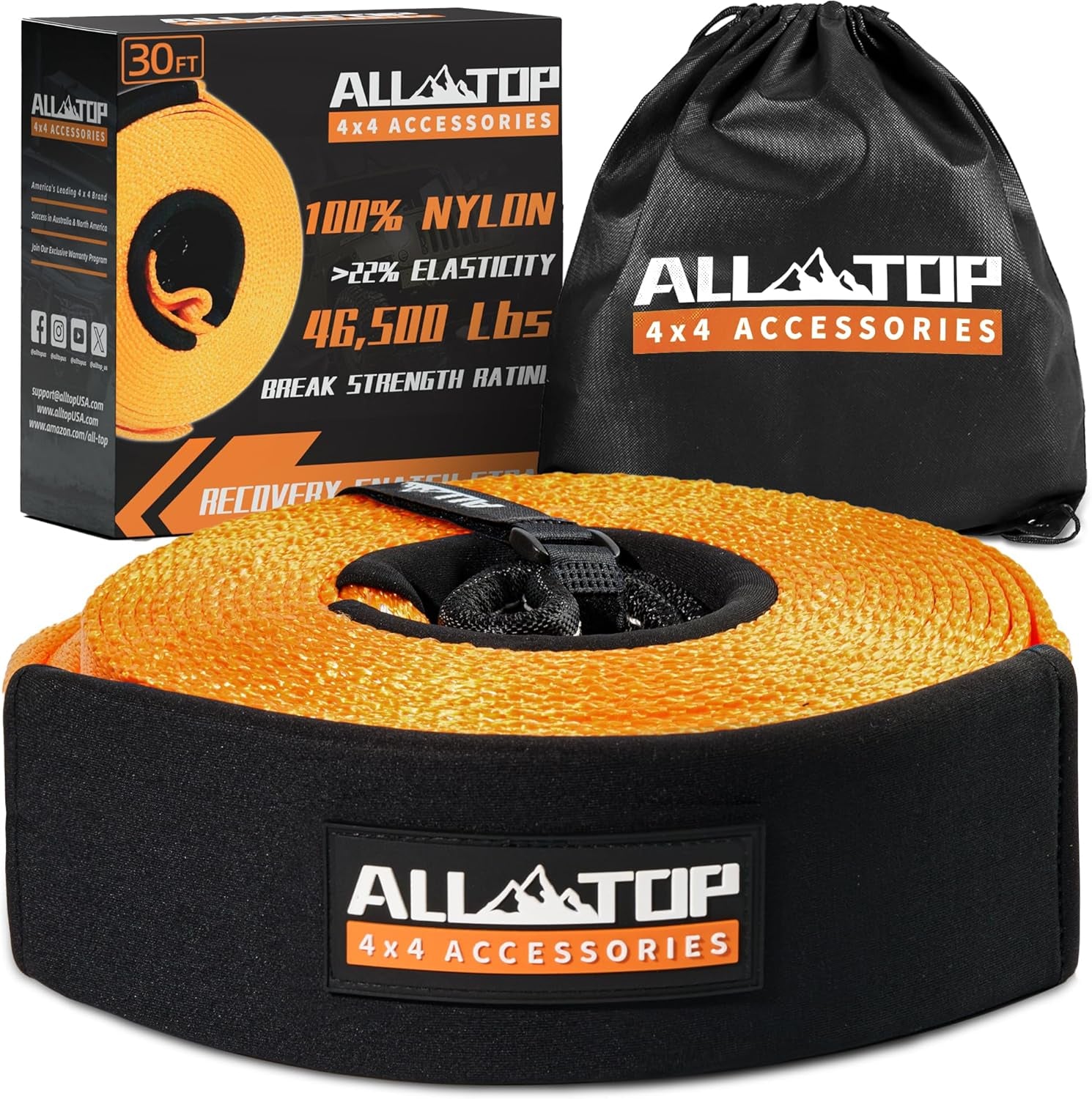 Recovery Snatch Strap, 4In X 30Ft - 46500Lbs, Extreme Duty 100% Nylon Kinetic Towing Recovery Strap with 22% Elongation & Reinforced Loops