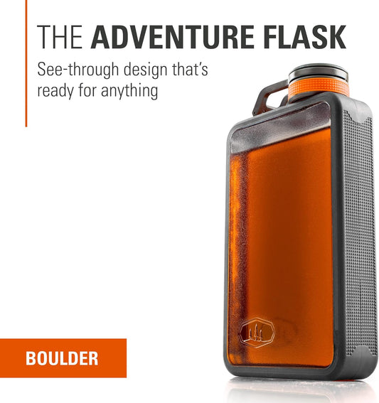 Boulder Flask, Shatter-Resistant, Leakproof Hip Flask with Clear Body & Silicone Grip, Bpa-Free Bottle for Hiking, Camping & Travel