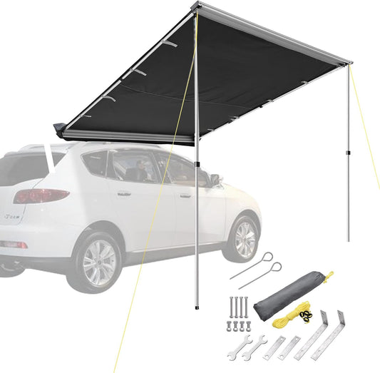 Vehicle Awning 6.6X8.4' Retractable Car Side Roof Rack Overlanding Shade for SUV Truck Tailgate Outdoor Camping Travel Gray