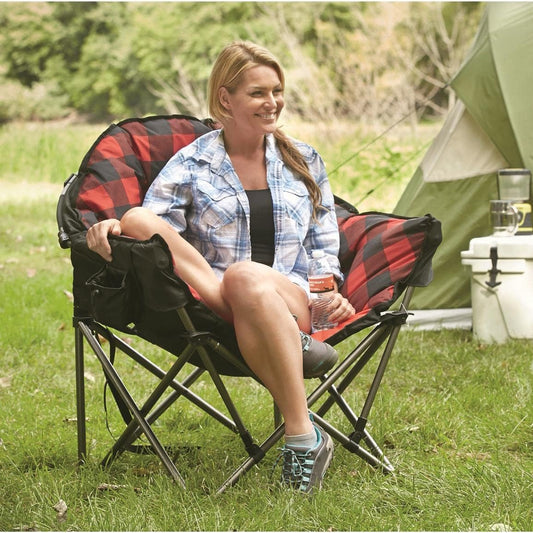 Club Camping Chair, Oversized, Portable, Folding with Padded Seats, 500-Lb. Capacity Red Plaid